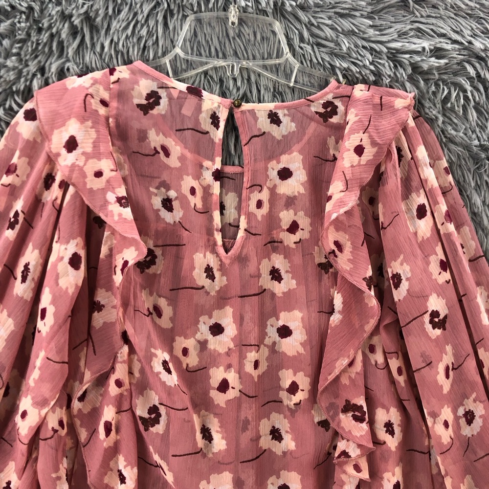 Lucky Brand Blouse Womens Small Floral Balloon Sleeves Ruffle Edge Pink Keyhole - Picture 12 of 13
